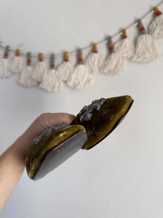 Tory Burch Eleanor Pave Crystals Ballet Flats Olive Green Velvet Square Toe 10 - Picture 9 of 10